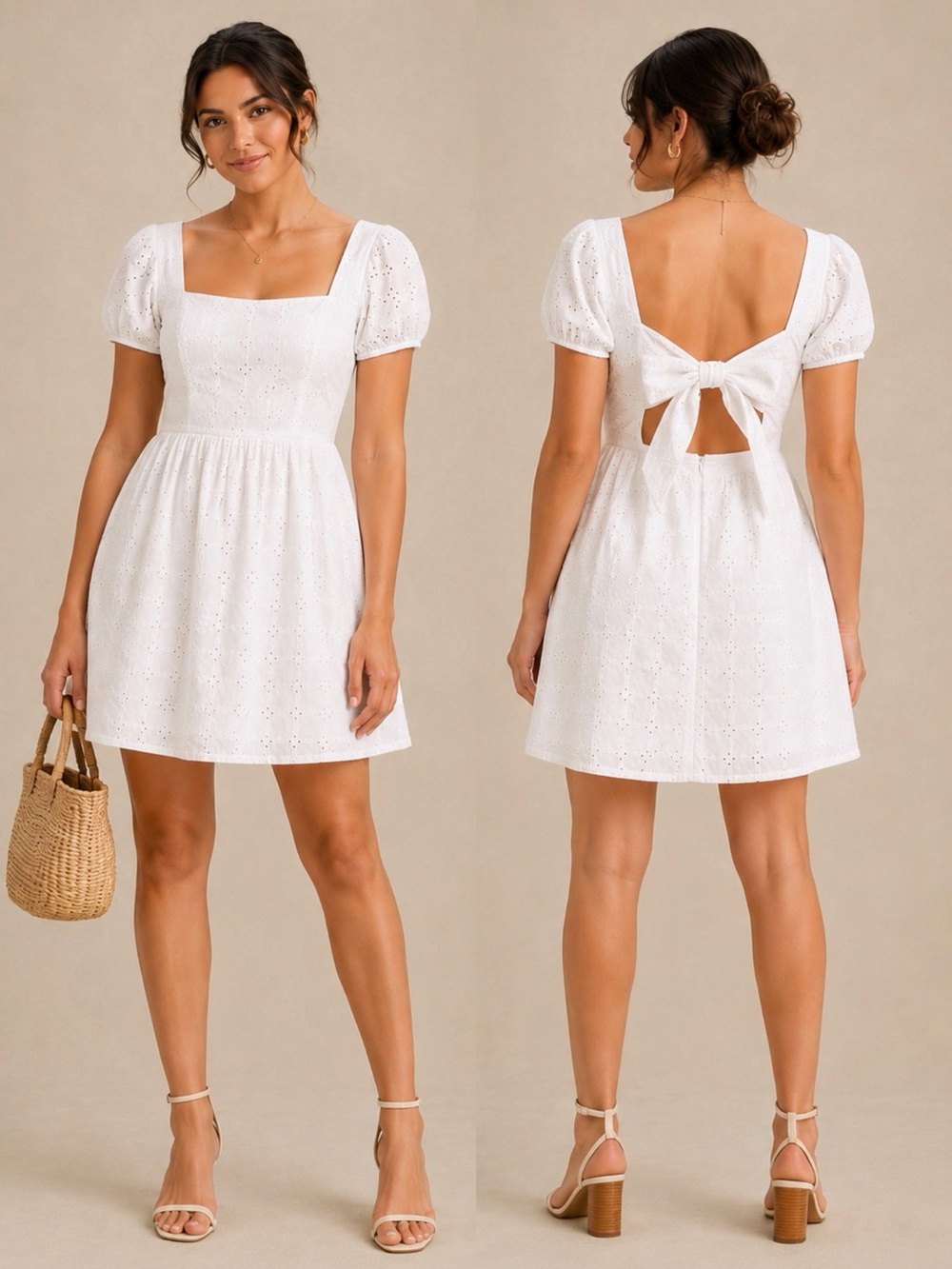 Lilyette White Eyelet Square-Neck Tie-Back Mini Dress